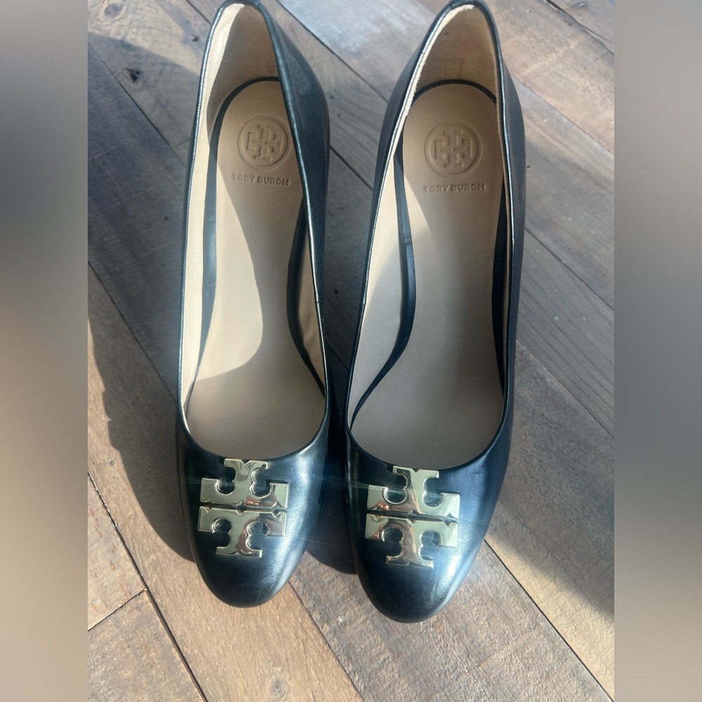 Tory Burch Raleigh Genuine Leather Logo Embelished Stacked Wedge High Heels